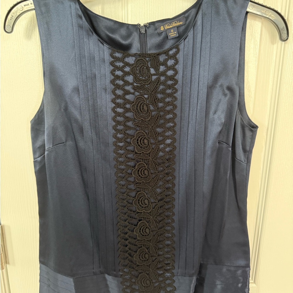 Brooks Brothers Collection Navy Satin Tank with Black Lace Trim